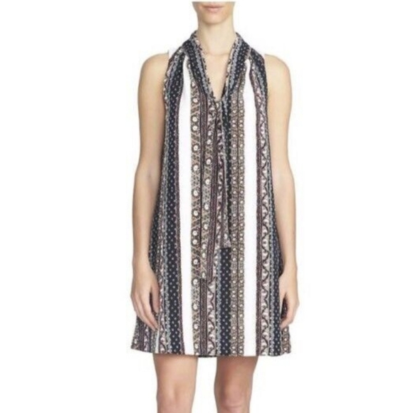 1.State Tie Neck Striped Boho Printed Sleeveless Swing Shift Dress Chalk S - Picture 11 of 12